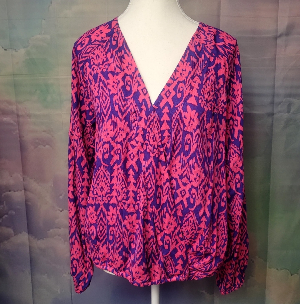 Scoop NYC Aztec Pink Blue Wrap Blouse Long Sleeve 100% Rayon M